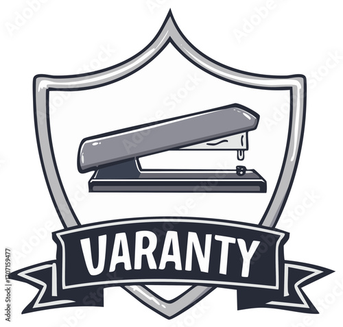 Stapler inside a shield badge with a ribbon, depicting the word VARANTY