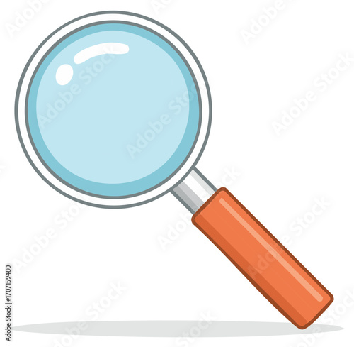 Magnifying glass icon with orange handle, finding information, search tool for focus, inspection