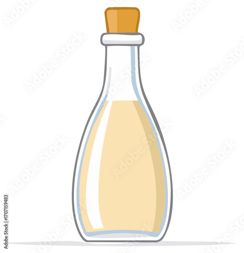 Minimalist cartoon style glass bottle with cork filled with pale liquid ready for labeling