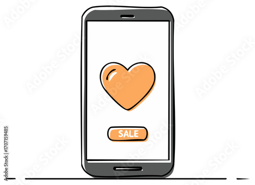 Mobile phone screen displays orange heart symbol and sale button with simple line art style