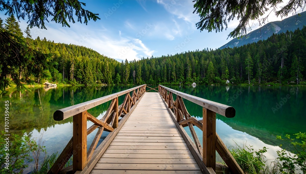 Fototapeta premium Serene lake vista with wooden bridge