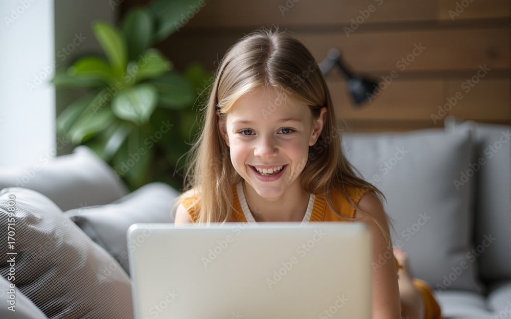 Naklejka premium Happy teenage girl doing online shopping. High quality