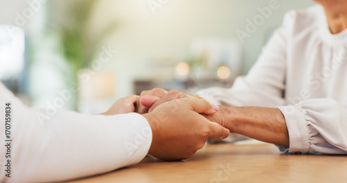 Bild auf Leinwand Comfort, holding hands and support with people at table in home together for bonding, care or love