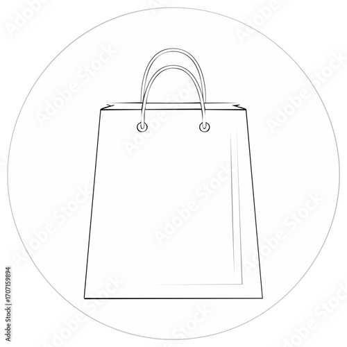 Simple shopping bag icon outline with handles and a grey circle border