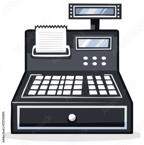 Cartoon Illustration of a Black Cash Register with a Printed Receipt and a Raised Screen Display, Buttons and Keyboard