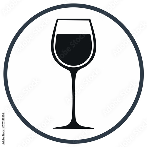 Simple modern icon of a wine glass filled with dark liquid inside a circular frame