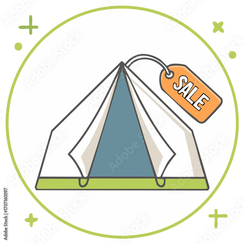 Cartoon camping tent with a sale price tag. Outdoor gear and travel equipment discount concept icon.