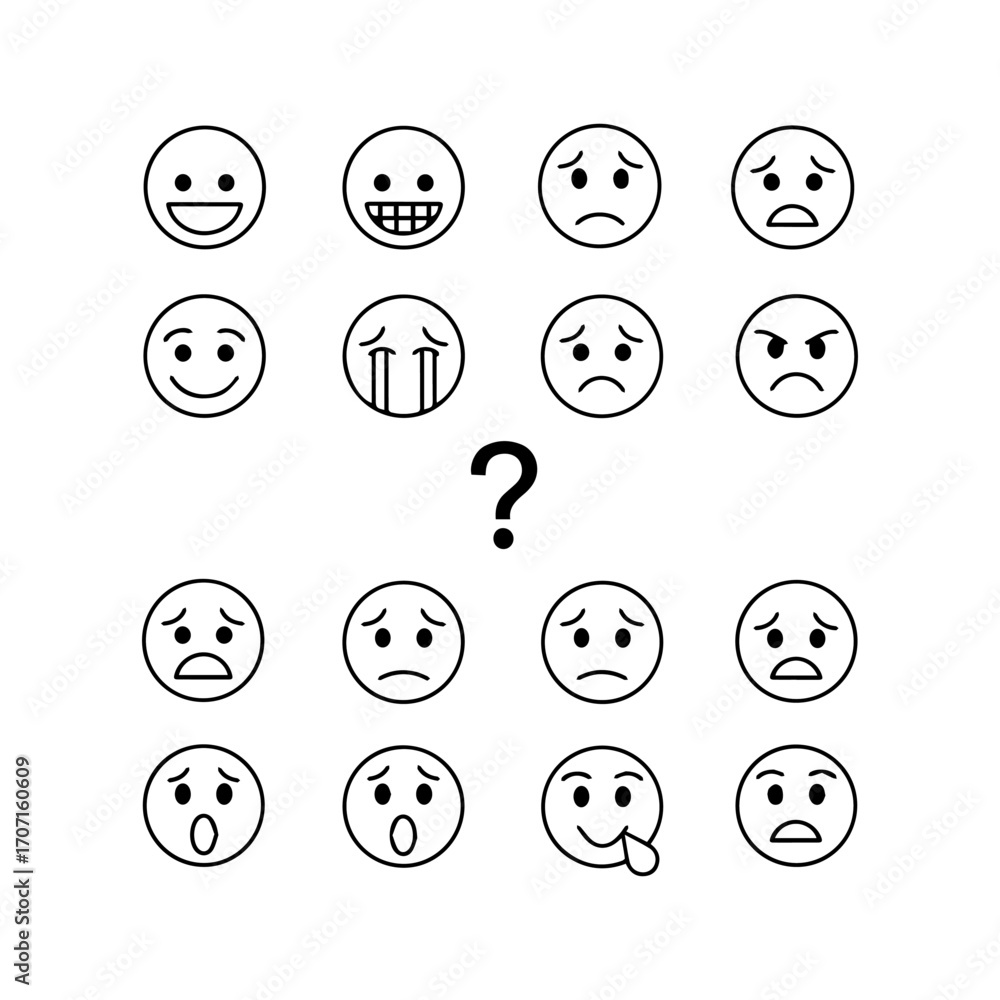 Grid of 15 black line emoji drawings including a question mark in the center Grid of 15 black line emoji drawings including a question mark in the center