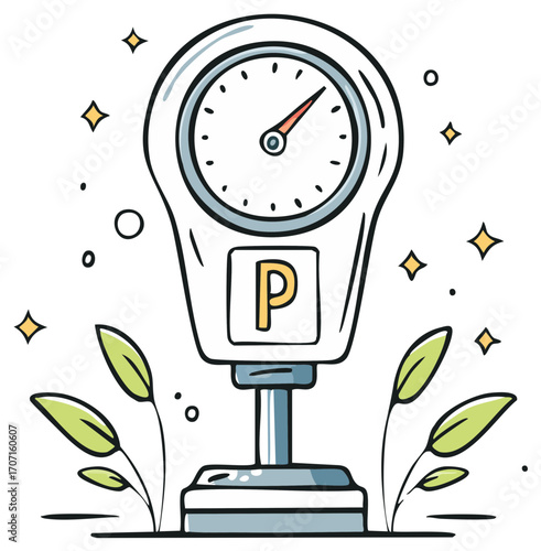 Colorful doodle style parking meter illustration featuring a time gauge and 'P' symbol with decorative leaves and sparkles