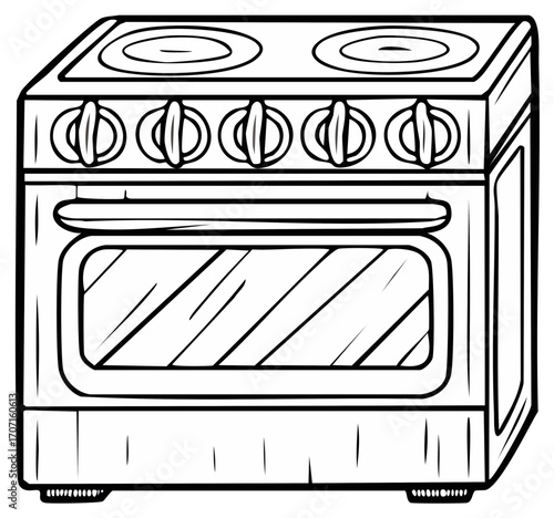 Black and white drawing of a stove. Oven, stovetop, and control knobs are visible.