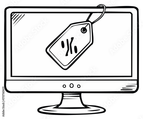 Hand drawn computer monitor screen displaying a percentage discount tag for online sale promotion
