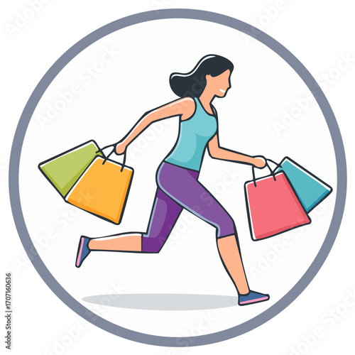 Energetic woman running with multiple colorful shopping bags, flat design illustration