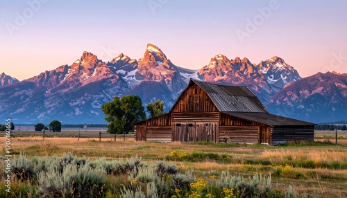 Rustic barn nestled in a grassy field with majestic, snow-capped mountain peaks silhouetted by a soft, pastel sunset glow