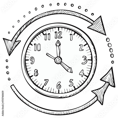 Hand-drawn clock with arrows illustrates time management concepts, deadlines, cycles, schedule planning and reminders