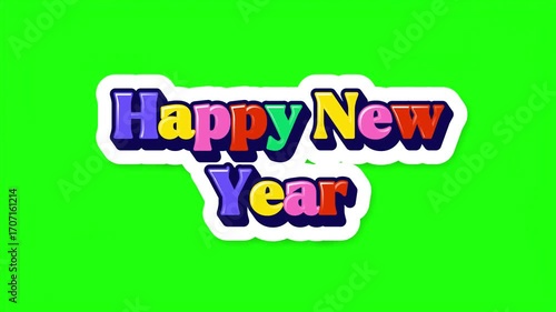 Happy new year colorful text with white border on green background
