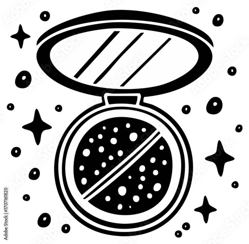 Hand drawn cosmetic compact with reflective mirror and scattered stars