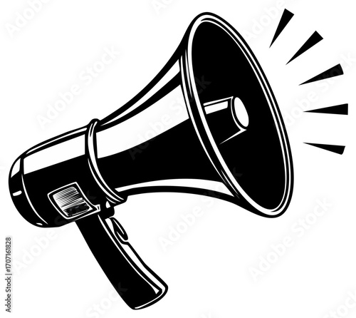 Black and white illustration of a megaphone with sound waves conveying a message or important announcement.