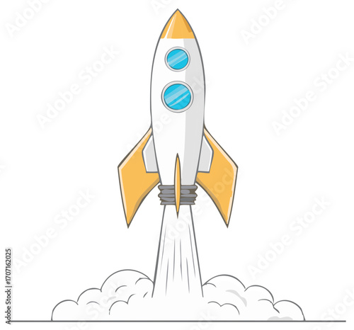 Cartoon Rocket Launching with Smoke and Flames for Space Adventure