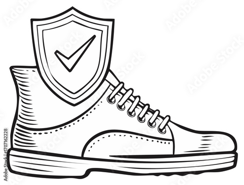 Outline of Protective Footwear and Shield with Checkmark Representing Safety and Assurance