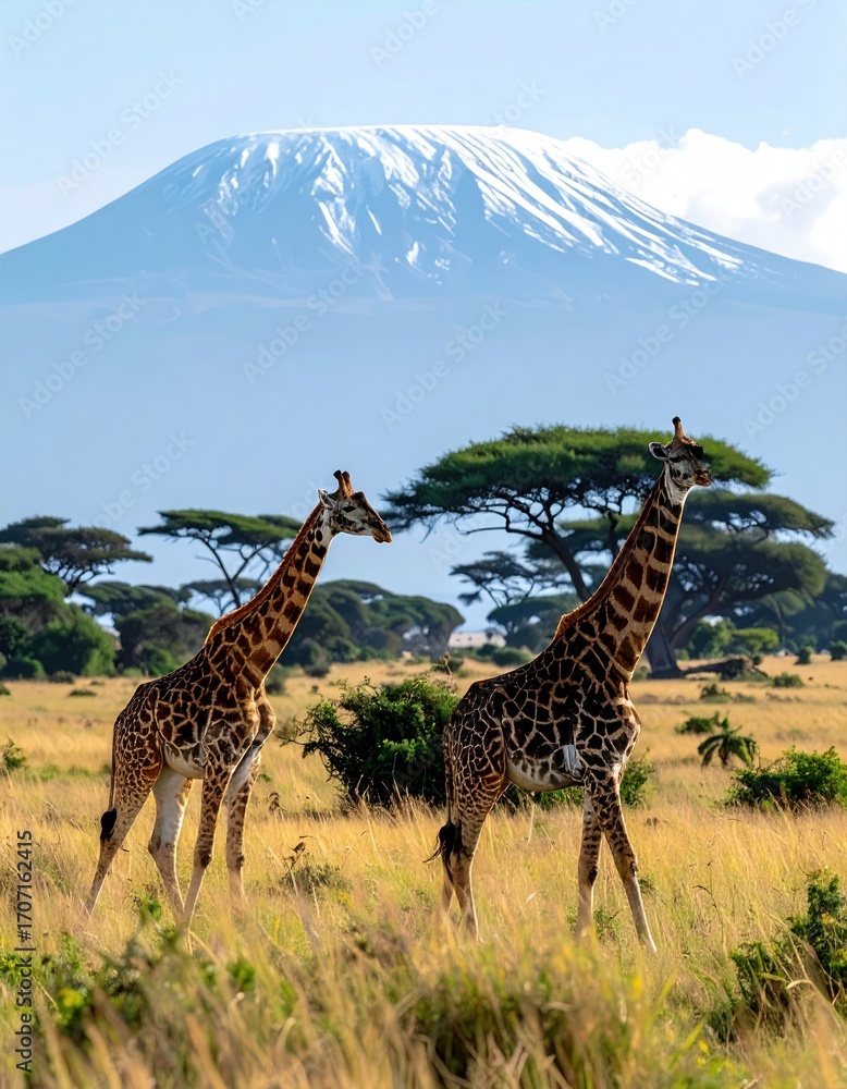 Fototapeta premium Two giraffes stand in tall grass before a snow-capped mountain, evoking an African savanna panorama under a bright blue sky