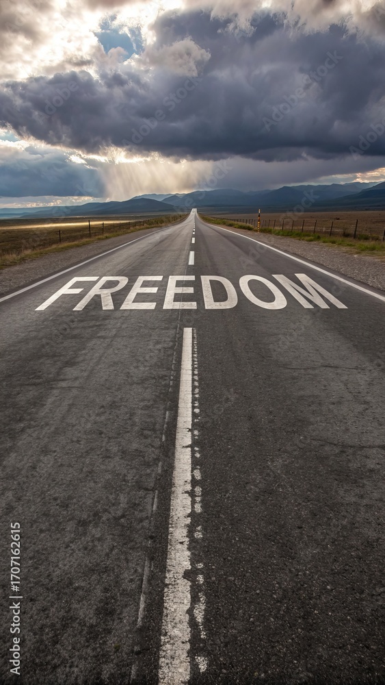Naklejka premium The word freedom painted on a long empty highway stretching towards a dramatic sky