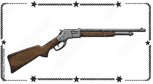 Bold retro Winchester rifle vector, engraved woodcut lines, distressed texture, western flourishes, authentic Wild West.