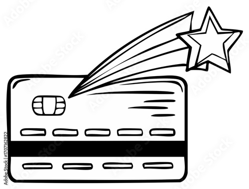 Financial payment card doodle with a shooting star indicating success and outstanding quality