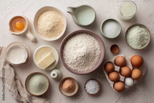 Overhead shot of baking ingredients in bowls on a white surface, ready for making dough or batter for cakes and cookies