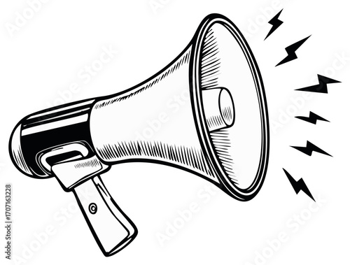 Retro-style megaphone with sound waves graphic illustration, black and white. Communication concept