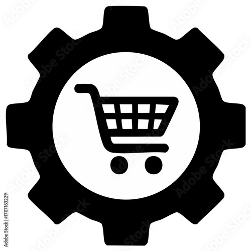 E-commerce and Mechanism Shopping Cart inside Gearwheel Silhouette Icon