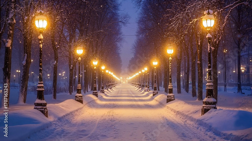 Snowy winter street illuminated by lanterns at twilight  