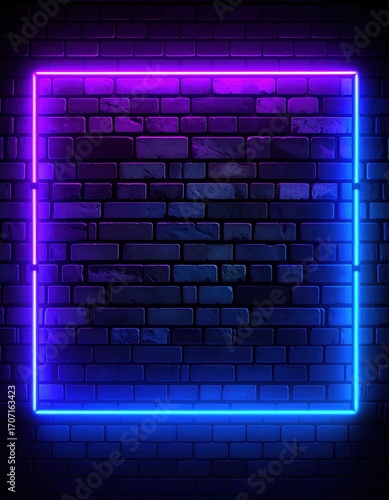 Vibrant glowing neon square of blue and purple lights against a dark textured brick wall. Modern urban backdrop