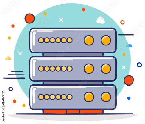 Data server stack cartoon illustration, cloud computing and network concept