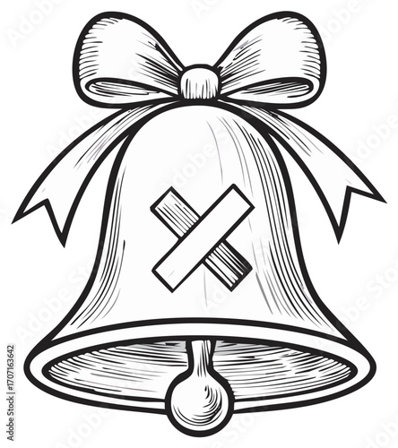 Bell with Bandage and Ribbon Illustration Simple Retro Drawing
