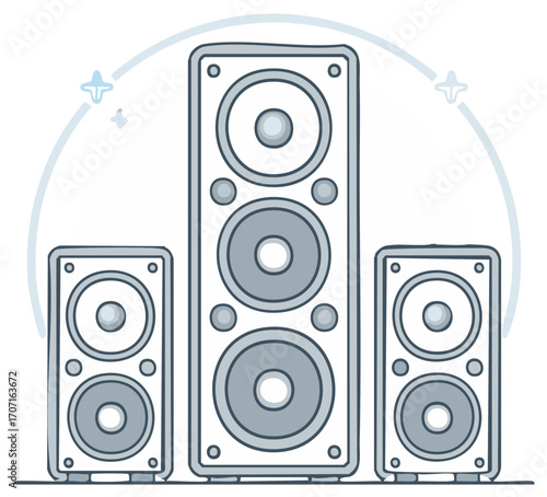 Illustration of a set of speakers, various sizes, a design concept for audio equipment.