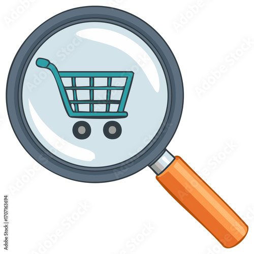 Magnifying glass over a shopping cart signifying search for products or online shopping analysis