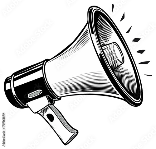 Illustration of a classic black and white megaphone broadcasting sound waves with a vintage drawing style.