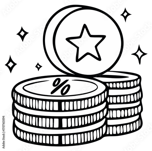 Stack of coins with star and percentage symbols, line art icon for commerce and finance