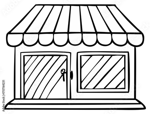 Hand Drawn Storefront with Awning and Display Windows