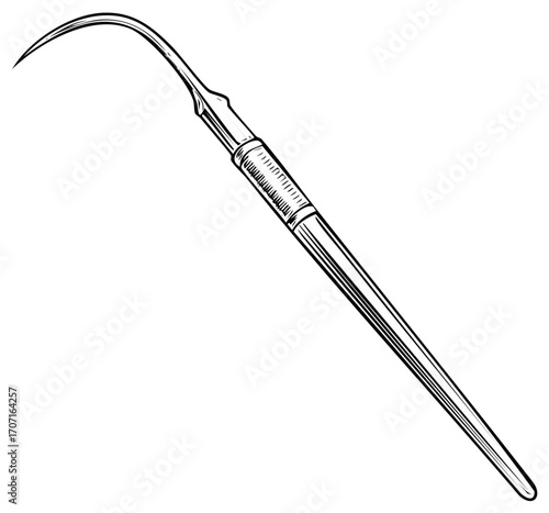 Dental Probe Illustration Black and White, Medical Tool Drawing, Periodontal Instrument