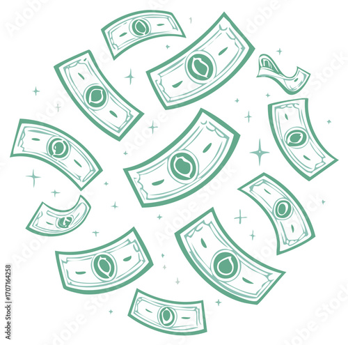 Green cash bills flying in a circular pattern with sparkling elements