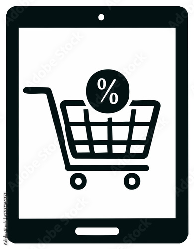 Tablet with shopping cart and percentage symbol, online discounts and promotions
