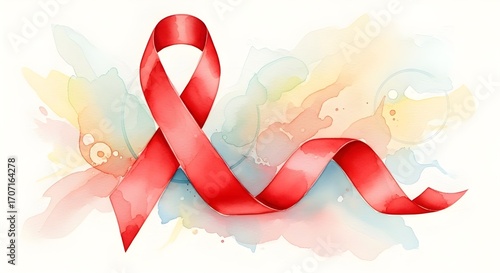 Red ribbon for AIDS awareness on colorful watercolor background