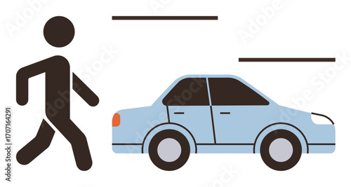 Black pedestrian figure walking near a blue car with motion lines symbolizing movement. Ideal for traffic safety, road awareness, pedestrian rules, transportation, urban planning, education, simple