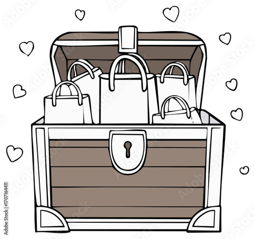 Open treasure chest brimming with shopping bags, surrounded by flying heart outlines