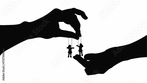 Silhouette of hands manipulating puppet figures with strings in a stark black and white composition art