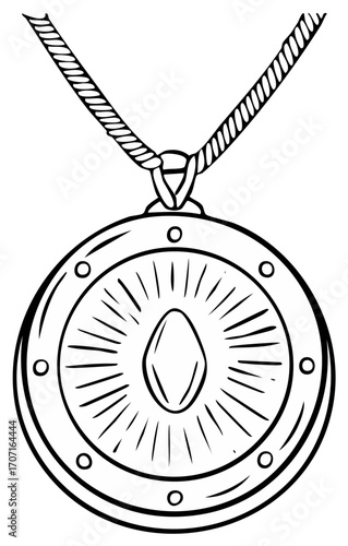 Hand-drawn illustration of a round pendant with gemstone and chain.