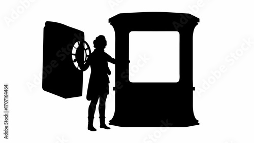 Silhouette of woman operating a train engine with visible wheel and open window on a white background