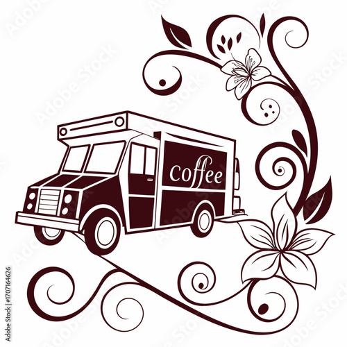 Vector art of a vintage coffee truck illustration, adorned with delicate floral swirls and flourishes, creating a charming and inviting atmosphere for coffee lovers