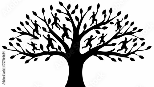 Silhouette of a tree with human figures climbing and running through the branches and among the leaves